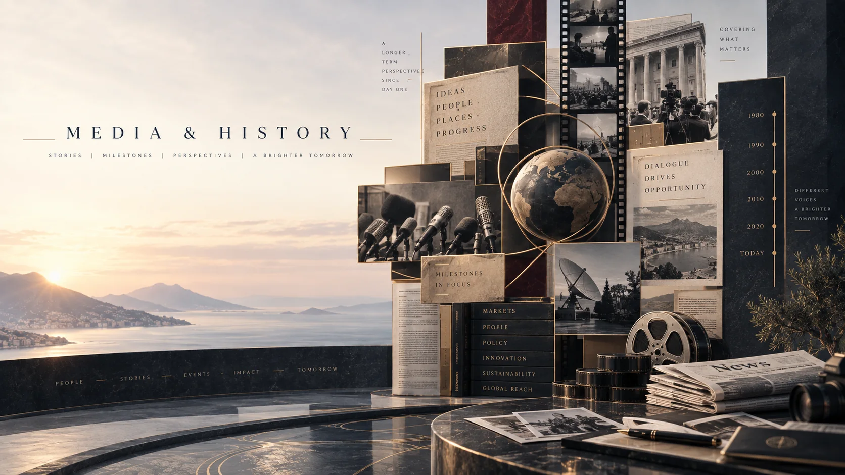Media and history archive visual with press, film, broadcast and timeline references