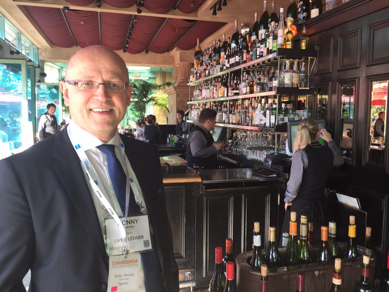 Ronny Boesing wearing an OpenLedger speaker badge at CoinAgenda Las Vegas in October 2016