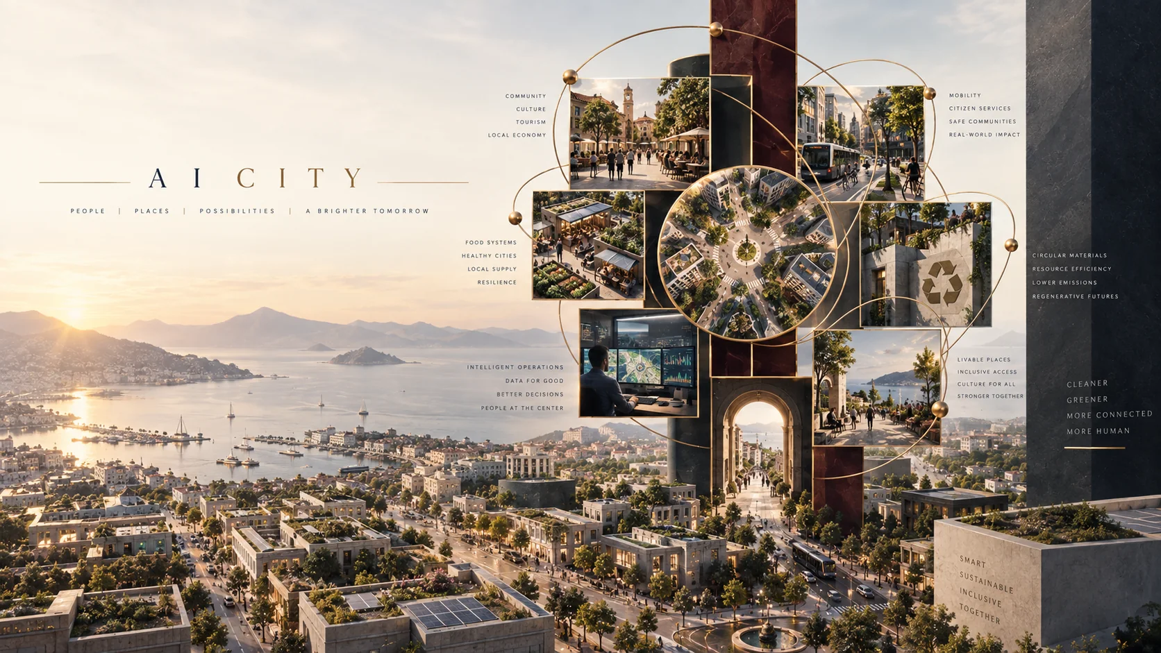 Concept visual showing structured local participation, services and evidence across a city environment