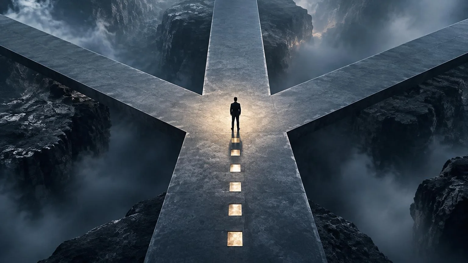 Editorial illustration: an anonymous person stands at a three-way decision junction with an illuminated trail recording the route behind them.