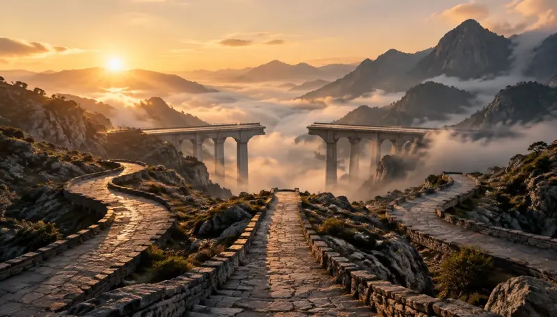 Three stone pathways converge at sunrise on an unfinished bridge across a misty mountain valley.