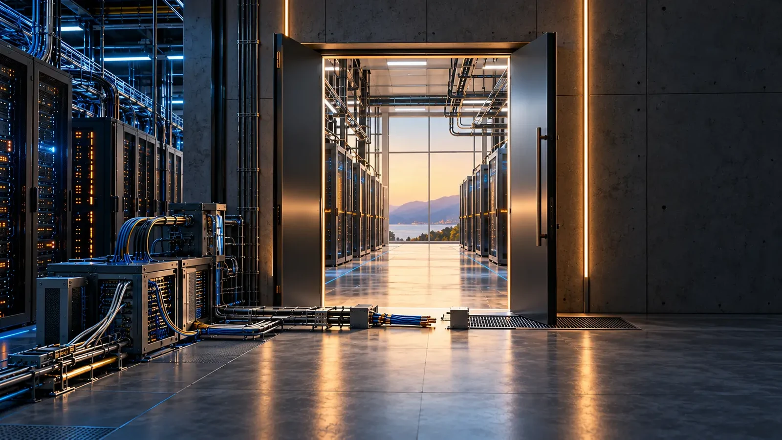 A data centre corridor with open doors revealing a sunrise over mountains and water, suggesting a clear way out.