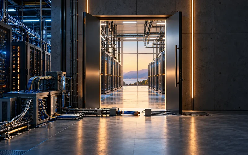 A data centre corridor with open doors revealing a sunrise over mountains and water, suggesting a clear way out.