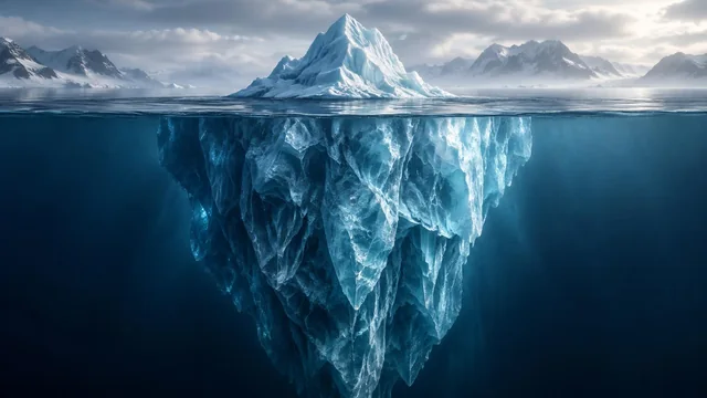 Editorial illustration: a blue iceberg reveals a much larger submerged structure beneath the waterline, representing hidden operating costs.