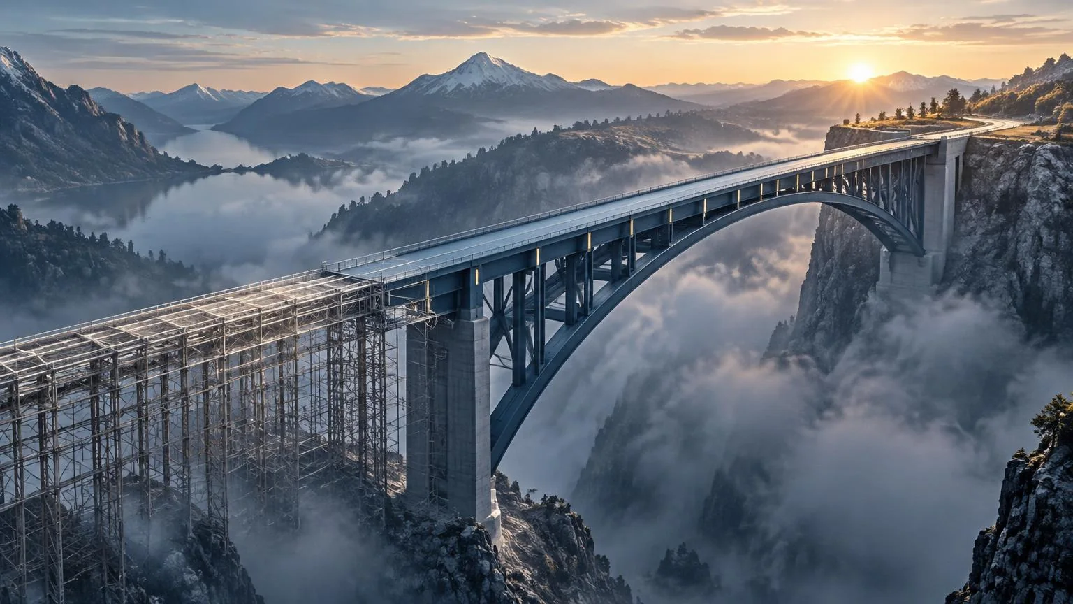 Editorial illustration: a temporary bridge framework transitions into a finished production bridge across a misty mountain gap.