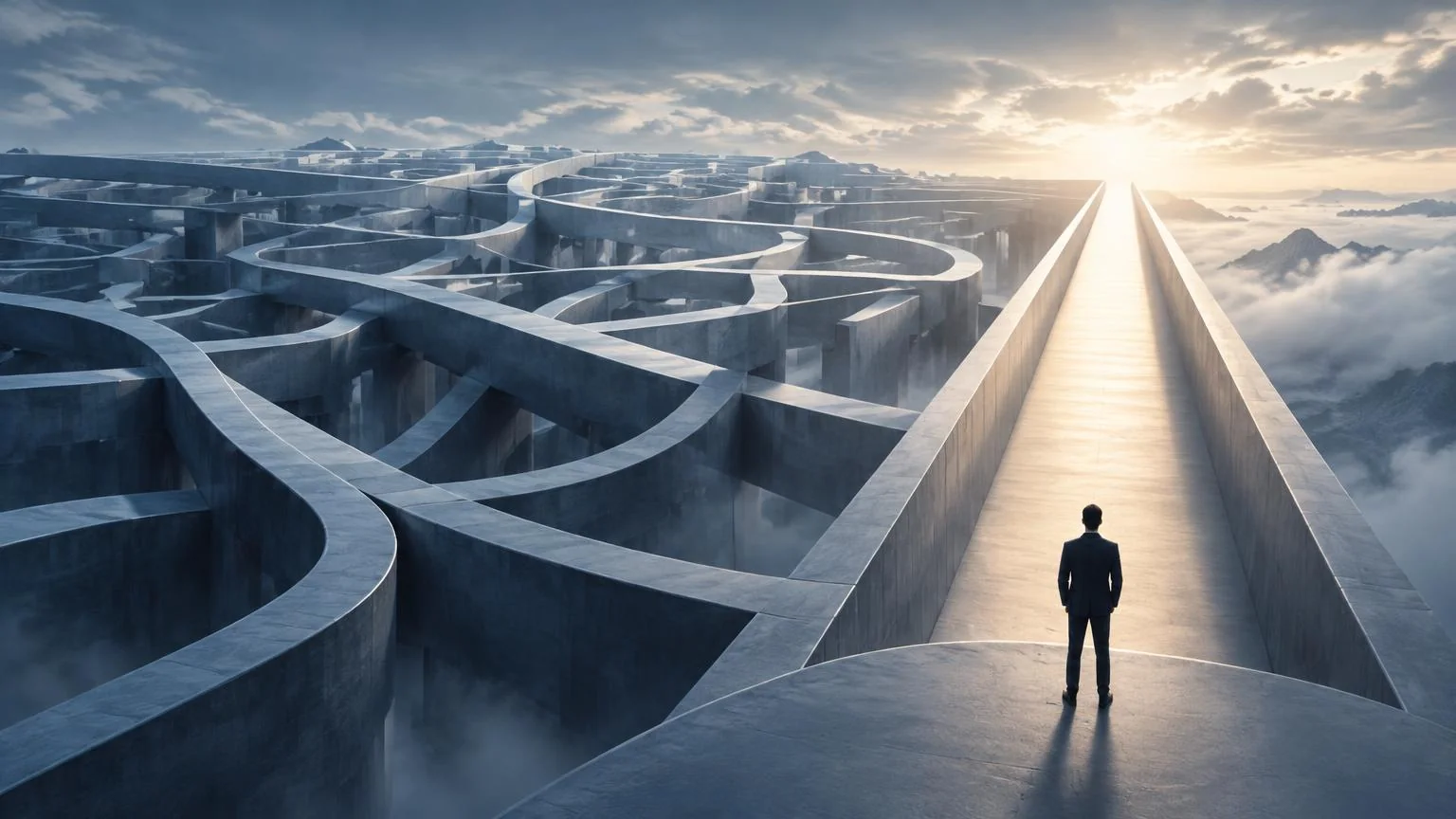 Editorial illustration: an anonymous leader faces a tangled architectural maze beside a clear sunlit path.