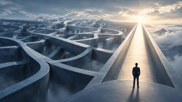 Editorial illustration: an anonymous leader faces a tangled architectural maze beside a clear sunlit path.